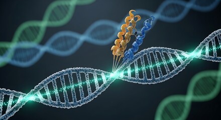 Abstract 3d rendering of a dna double helix with a colorful protein molecule interacting with it