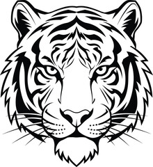 Tiger Head Line Art Illustration – Isolated on Transparent Background Bold Symmetrical Wild Cat Face Vector Drawing