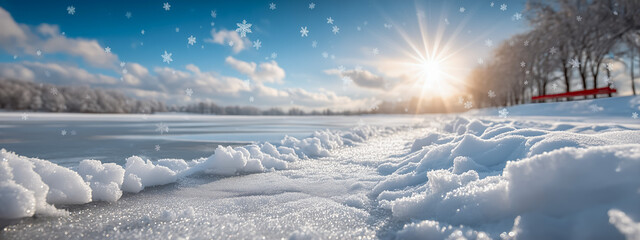 Snow-covered landscape with sunlight and falling snowflakes in winter