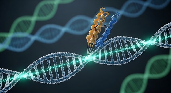 Abstract 3d rendering of a dna double helix with a colorful protein molecule interacting with it