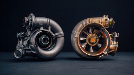 split composition showing a brand new turbocharger on one side and a worn damaged turbocharger on the other side, minimalistic background, soft