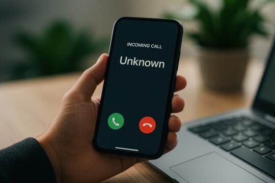 Close-up of a hand holding a smartphone displaying an incoming call from an unknown number, symbolizing mystery and uncertainty in communication technology.
