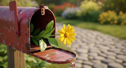 Rustic red metal mailbox with a bright yellow flower peeking out in a garden setting