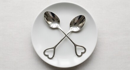 Two elegant silver spoons with heart shaped handles crossed on a white oval plate