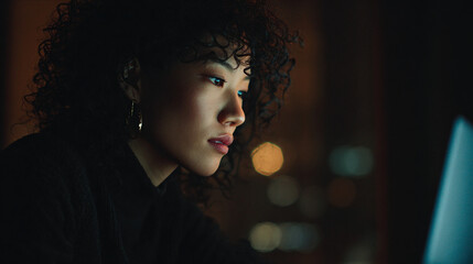 A focused woman working late at night in a dimly lit office, illuminated by the glow of her laptop screen