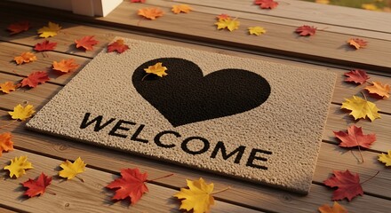 Warm welcome heart shaped doormat surrounded by colorful autumn leaves on wooden porch