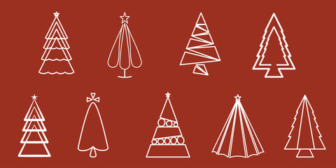 White Line Style Christmas Trees on Deep Red Background