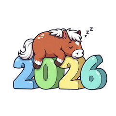 Cute cartoon horse sleeping on the year 2026 numbers.