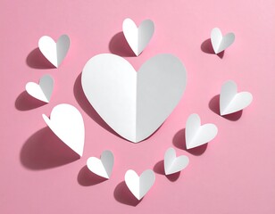 Elegant arrangement of handcrafted paper hearts on a light pink backdrop creates a sense of love