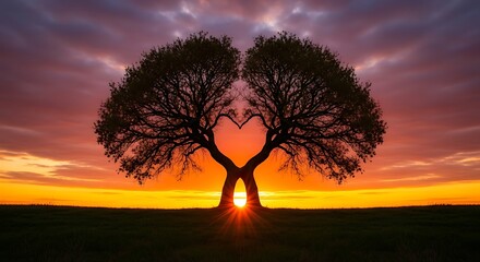 Symmetrical tree silhouette against dramatic sunset sky with fiery orange and purple clouds