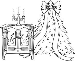 Fireplace with Christmas tree and decorations, cozy winter time