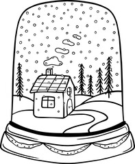 Snow globe with little house and snowy landscape