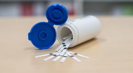 Diabetes testing supplies spilled from a container showing blood glucose test strips and a blue cap