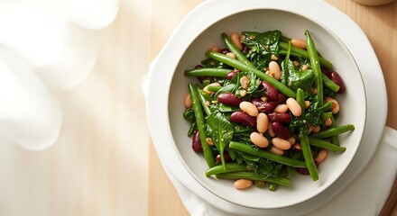 Freshly prepared healthy green bean and mixed bean salad in a white oval bowl
