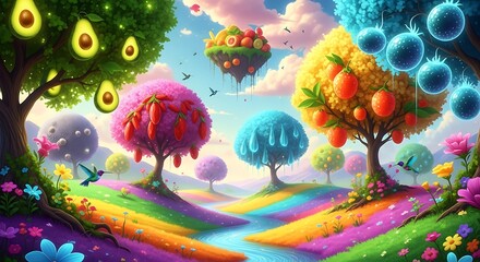 Enchanting fantasy landscape with vibrant rainbow path and magical fruit trees under a colorful sky