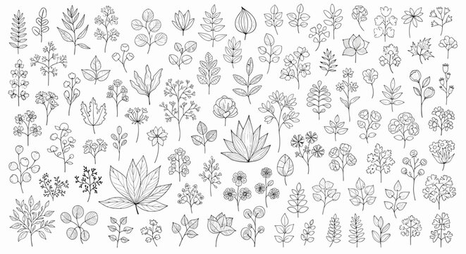 Hand-drawn botanical seamless pattern with assorted leaves, flowers, and branches, perfect for decorative backgrounds or textile prints. - Powered by Adobe