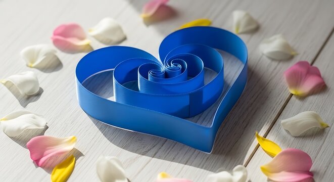 A vibrant blue ribbon shaped into a heart with scattered rose petals on a white background