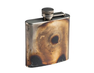 Old burnt metal hip flask with scorched surface patina and rugged camping alcohol container on isolated background