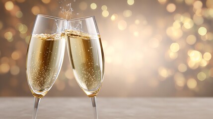 Champagne toast: Two elegant glasses of champagne clink together in a celebratory toast, with a blurred backdrop of golden bokeh lights that enhances the festive ambiance.