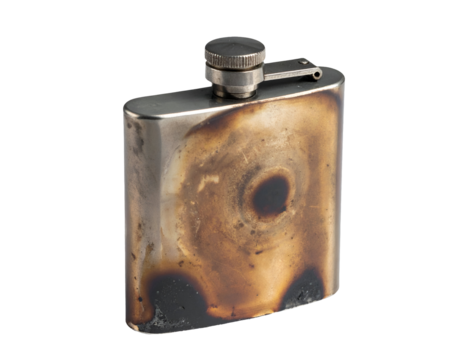 Old burnt metal hip flask with scorched surface patina and rugged camping alcohol container on isolated background