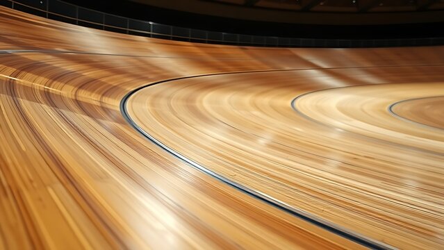 velodrome. Close-up of polished wooden velodrome track curve, spotlight on wood grain. event key visuals, club posters, designed for fitness apps and gym onboarding, used by fitness trainers. - Powered by Adobe