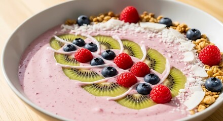 Vibrant berry smoothie bowl topped with fresh kiwi raspberries blueberries and granola