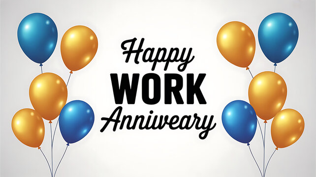 Happy work anniversary message with gold and blue balloons on a white background image