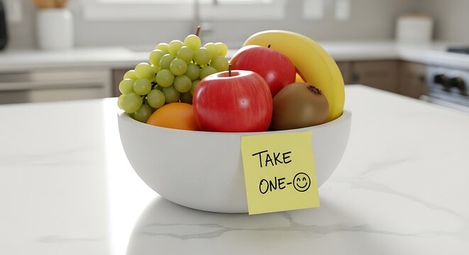 Freshly picked fruit in a white bowl with a handwritten note on a kitchen counter