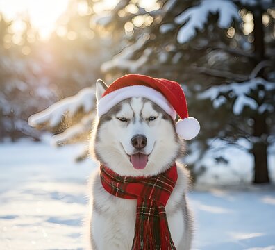 Siberian Husky dog wearing hat and scarf squinting at sun during daytime in winter park