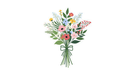 Beautifully arranged bouquet of diverse wildflowers in various bright colors, including pink, blue, and yellow, tied with a simple green bow.