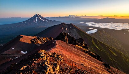 Aerial view of volcanic mountains illuminated by sunrise, with a ridge in foreground, clouds, and a distant peak