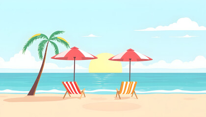 Fototapeta premium Summer vacation beach minimal background, clipart style. White tone