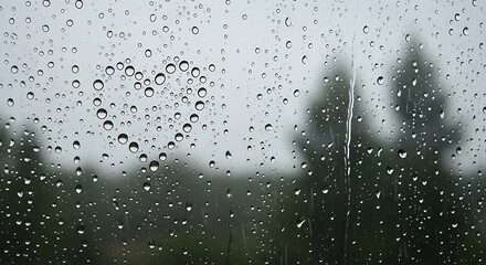 Close up view of raindrops on a window pane with blurred trees and foliage in the background