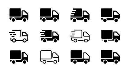 Set of twelve different delivery truck icons for shipping and logistics services
