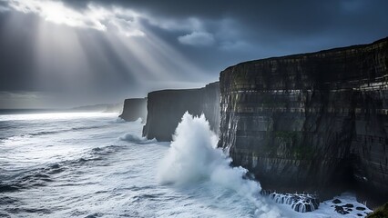 Cliffs of Moher Splashed by Atlantic Waves under Rays of Sunlight