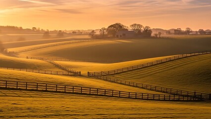 Golden light bathes a serene rural landscape with gently rolling hills and winding fences, revealing a picturesque countryside view at dawn or dusk
