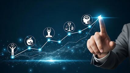 Businessman pointing at upward trending line with success symbols representing growth and achievement in a modern, digital environment, conveying ambition and progress.