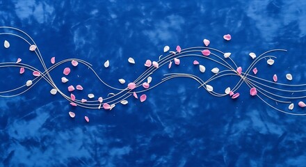 Abstract flowing wave of delicate pink and blue crystal beads on a textured dark blue background