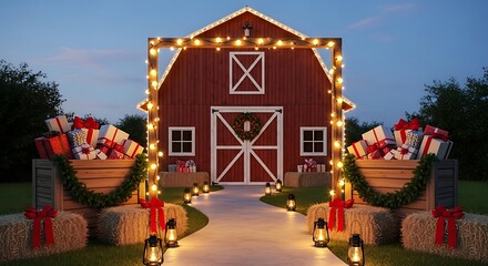 Festive red barn decorated with twinkling lights and christmas presents for the holidays