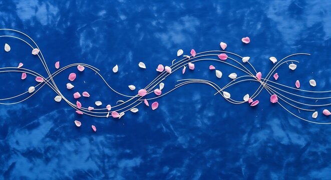 Abstract flowing wave of delicate pink and blue crystal beads on a textured dark blue background