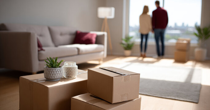 Young couple standing by large window in bright living room with packed cardboard boxes and modern furniture during moving day