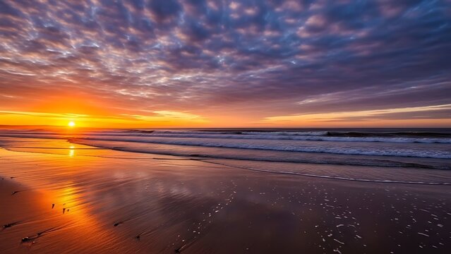 Vibrant sunset casts a golden glow over a tranquil sandy beach, with warm hues reflecting on calm ocean waves and wet sand, creating a picturesque coastal landscape at dusk - Powered by Adobe