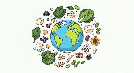 Vibrant earth surrounded by a diverse collection of fresh organic vegetables and fruits for healthy living