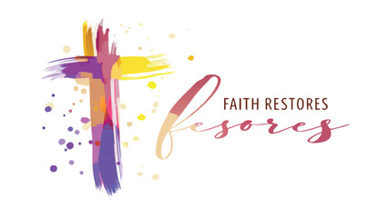 Obraz premium Colorful abstract christian cross with brush strokes and the text faith restores in elegant script