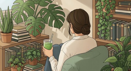 Cozy scene of a person relaxing with a drink surrounded by lush green houseplants and books