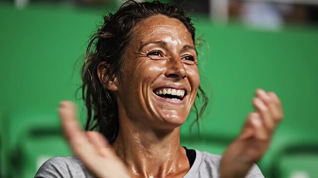 Exhausted but joyful female athlete laughing heartily sweat glistening on her face after an intense game Her triumphant expression shows happiness success