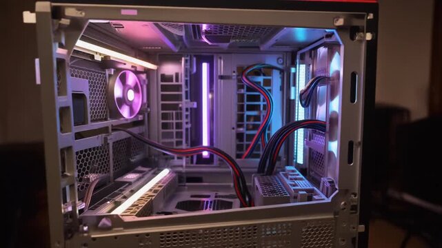 Detailed interior view of a powerful desktop computer featuring glowing RGB lights on advanced PC components and internal hardware architecture