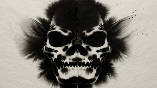 Inkblot Forming Skull Shape With Symmetrical Design on Paper