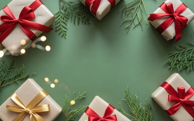 Christmas Gift Boxes and Fir Branches on Green Background