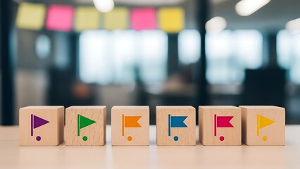 Wooden blocks with flag symbols arranged on a table in a modern office represent goals and achievements in a business environment, conveying a sense of progress and success.